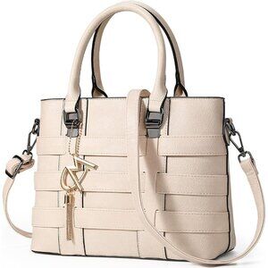 PU Leather Weave Beige Shoulder Bag for Women Elegant Top Handle Designer Purse